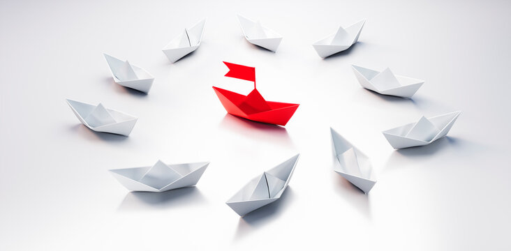 Group of  white paper boats with red leader in the middle on white background - 3D illustration