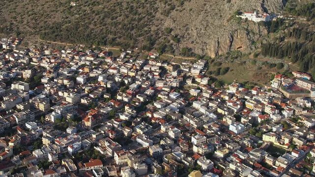 Aerial view of the downtown above the city Argos in Greece. On a sunny morning in autumn. 
