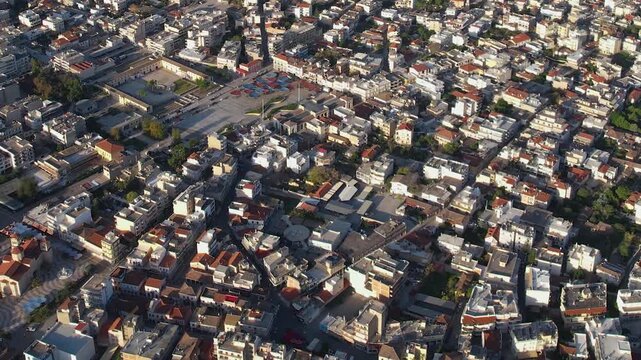 Aerial view of the downtown above the city Argos in Greece. On a sunny morning in autumn. 