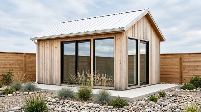 Modern Minimalist Wooden Backyard Studio Office with Large Glass Doors and Metal Roof, Contemporary Sustainable Tiny House Architecture for Remote Work in Peaceful Garden Setting.