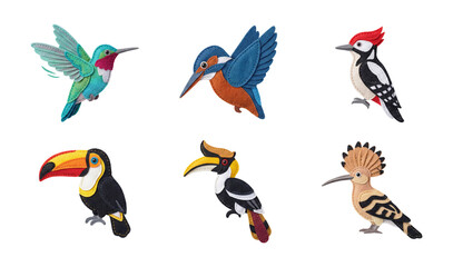 Fototapeta premium Exquisite Felt Fabric Bird Illustrations Set Featuring Hummingbird Kingfisher Woodpecker Toucan Hornbill and Hoopoe Decorative Icons