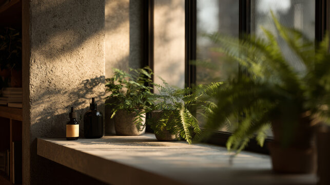 Amber glass cosmetic bottles and potted fern plants on a concrete window sill in warm morning light
