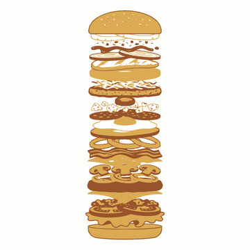 Giant Breakfast Burger Explosion Layers Isolated
