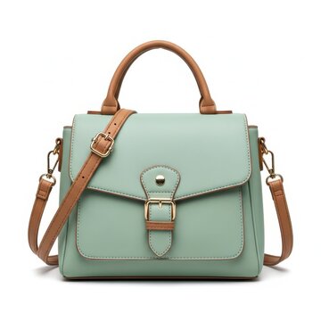 Stylish grey leather handbag with brown straps and a metal buckle closure for women fashion accessory for daily use