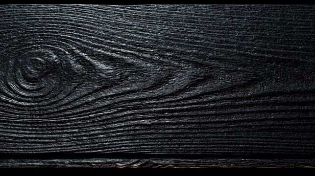 Matte black yakisugi burnt wood texture background with grain knot