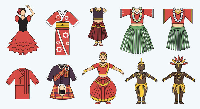 A colorful illustrations of various traditional dresses from around world