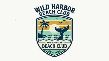Fototapeta premium A vintage logo of a beach club features a shield with a palm tree, sunset, and whale.