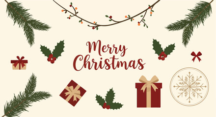 A festive Christmas graphic with gifts, holly, and pine branches © Komsatun