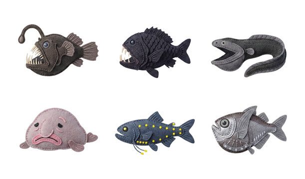 Handmade Felt Fabric Deep Sea Creatures Collection Featuring Blobfish Anglerfish Gulper Eel and Hatchetfish