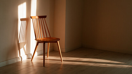 Fototapeta premium Minimalist wooden chair in warm morning sunlight