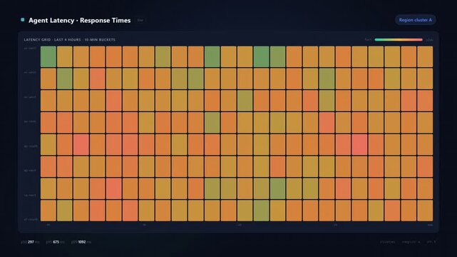 Animated Agent Latency & Response Times Heatmap Dashboard UI. Dark mode interface with global region grid for real-time server performance monitoring.
