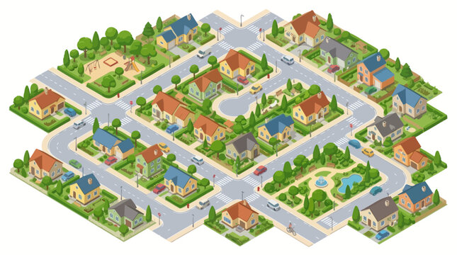 illustration of a vibrant suburban neighborhood with diverse single-family homes and lush green spaces