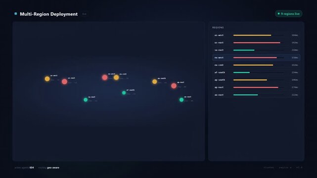 Animated Multi-Region Deployment Dashboard UI. Dark mode interface with global network map, server latency bars, and live status for cloud infrastructure.
