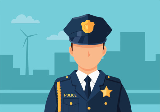 A police officer in uniform with a cityscape background