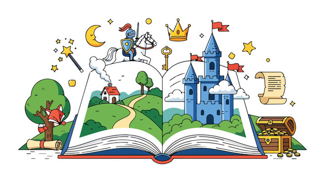 A knight on horseback emerges from an open book