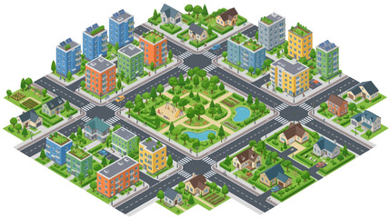Fototapeta premium isometric city block layout featuring diverse residential buildings, vibrant greenery, parks, water bodies, and detailed urban