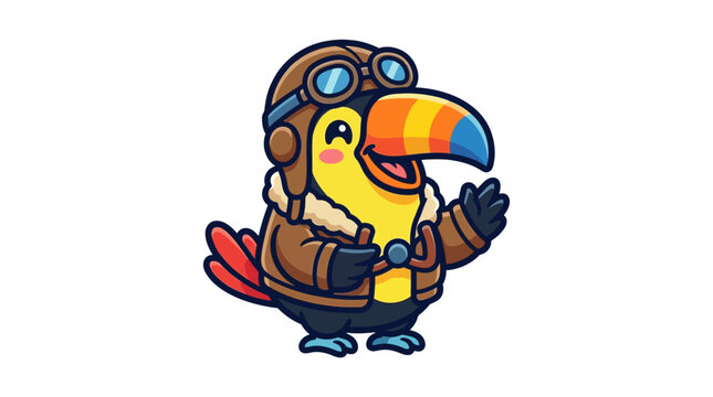 Standing toucan character wearing pilot jacket and goggles.