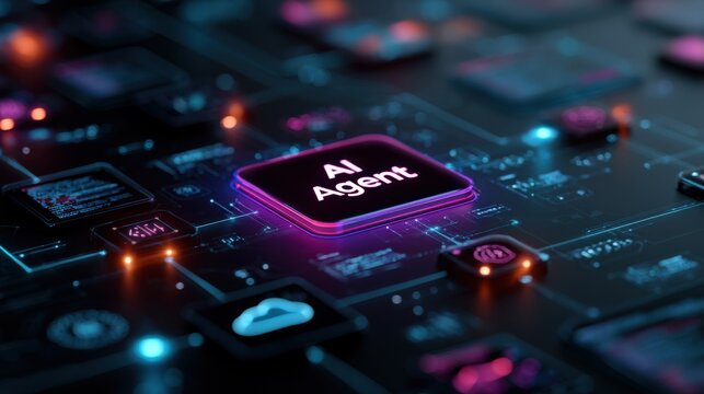 AI agent technology in a digital context with circuit design and glowing elements seen at night
