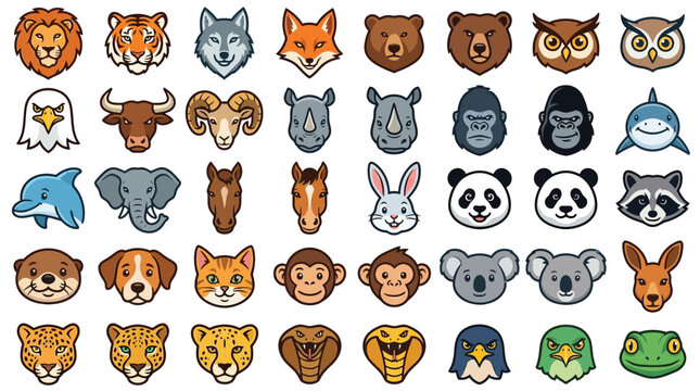 Circular cartoon wild animal face icon set for interface