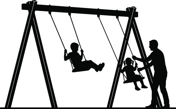Father pushing children on a playground swing set silhouette vector illustration for family and parenting concepts