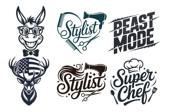 Mixed Professional Logo Bundle &ndash; Stylist Barber, Beast Mode Fitness, Super Chef Typography Designs