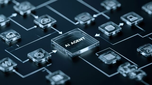 Design of a digital interface showing connections and nodes related to AI technology and systems