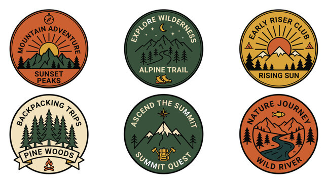 Colorful circular outdoor adventure and mountain trail patch collection.