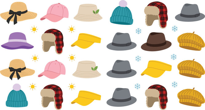 Colorful summer and winter hats collection featuring straw hats, baseball caps, beanies, bucket hats, fedoras and earflap caps vector set