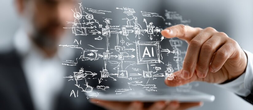 Person uses a tablet to interact with digital drawings of artificial intelligence concepts in a modern office setting