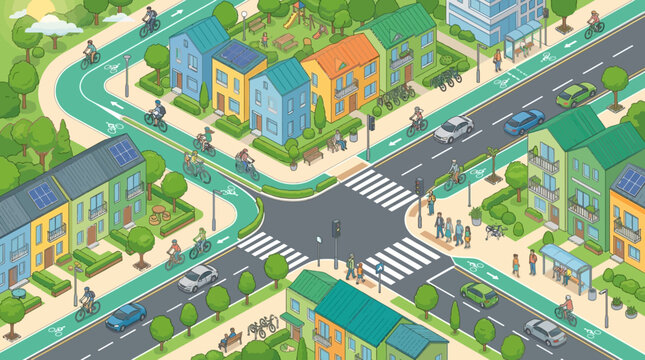 Vibrant suburban neighborhood intersection with colorful houses and diverse cyclists creating a lively community scene