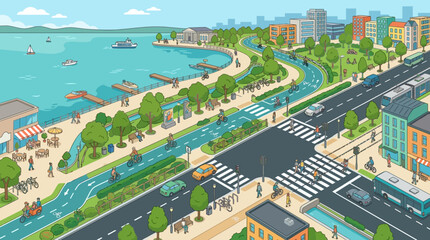 Obraz premium Vivid urban waterfront scene illustrating cycling paths, pedestrian walkways, diverse city architecture and recreational areas