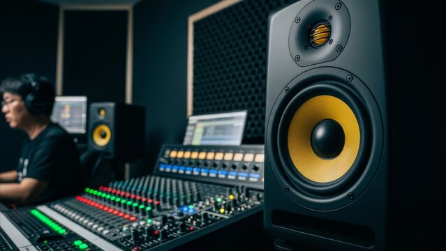 Music Studio - Asian Sound Engineer Mixing Audio at Professional Console with Yellow Studio Monitor Speaker