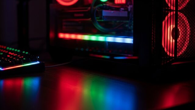 Gaming Setup RGB Illuminated Custom PC Tower with Mechanical Keyboard and Colorful LED Lighting on Dark Desk