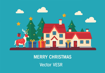 A festive Christmas scene with a house and reindeer © Komsatun
