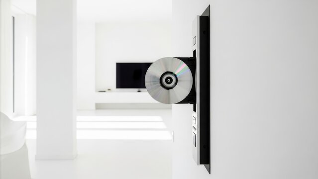 Technology - Wall Mounted CD DVD Player Ejecting Disc in Modern Minimalist White Interior Living Room