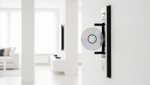 Technology - Wall Mounted CD DVD Player Ejecting Disc in Modern Minimalist White Living Room Interior