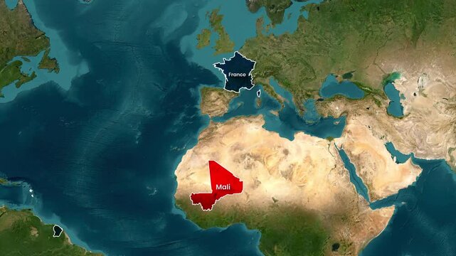 Mali and France are highlighted on a world map animation clip