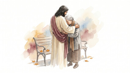 Fototapeta premium Jesus Comforting and Hugging a Woman Beside a Quiet Park Bench