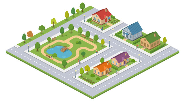 isometric illustration of a peaceful suburban neighborhood with houses, a park, and roads with minimalistic design and natural