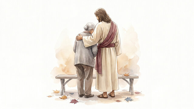 Jesus Hugging an Elderly Woman Beside a Bench in Gentle Light