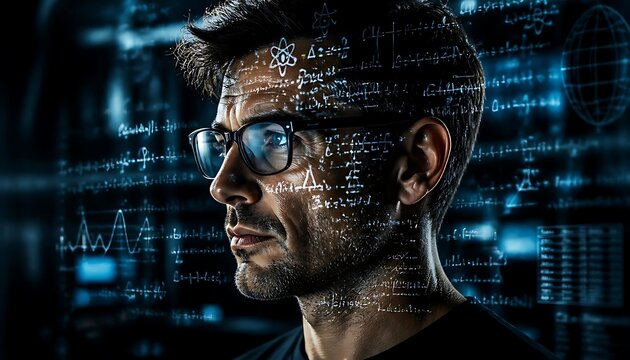 A thoughtful man with glasses has complex mathematical equations and digital data projected onto his face, representing advanced technology and artificial intelligence.