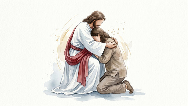 Jesus Hugging a Kneeling Man in Prayerful Comfort and Grace