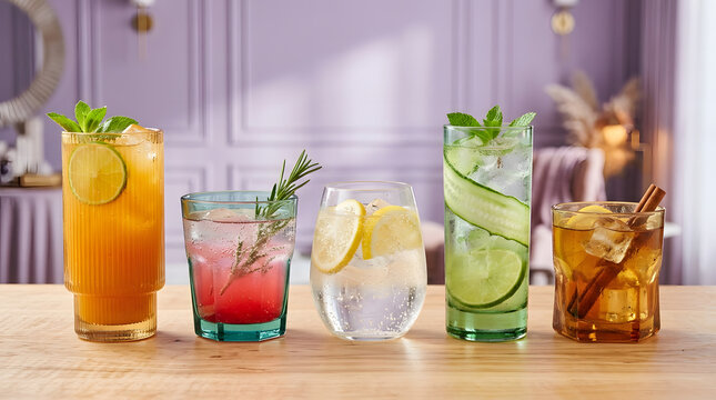 Five Assorted Refreshing Beverages on Wooden Table