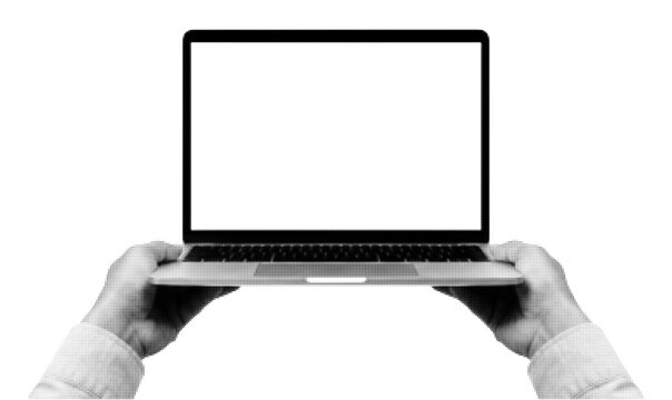 Halftone hand holding laptop blank screen mockup computer device