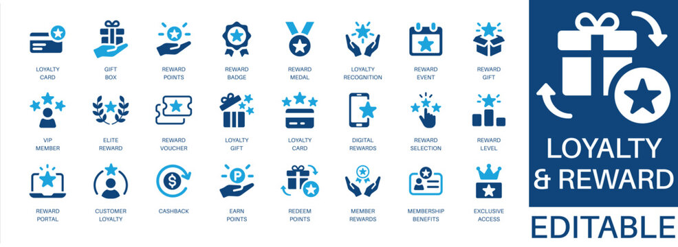 Loyalty and reward solid icon set. Featuring loyalty card, reward points, cashback, membership benefits, and vip member. Editable vector glyphs for customer retention and brand strategy.