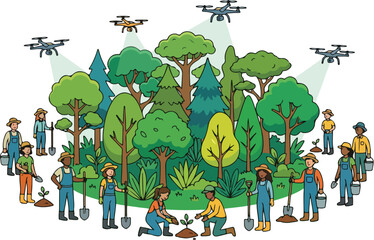 Fototapeta premium Drones monitoring a group of diverse volunteers planting trees in a lush forest for environmental conservation and reforestation