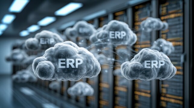 Cloud computing with ERP system in data center showing servers and digital transformation