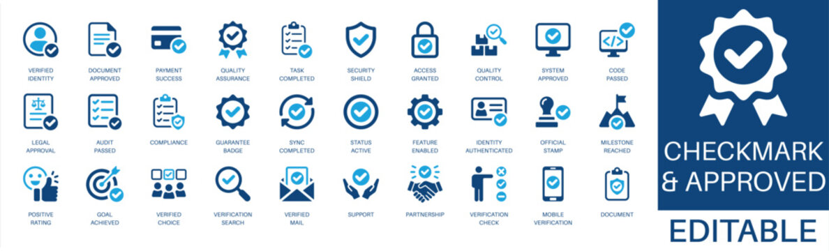 Checkmark and approved solid icon set. Featuring quality assurance, compliance, legal approval, document approved, and verified identity. Editable vector glyphs for business audit and policy.