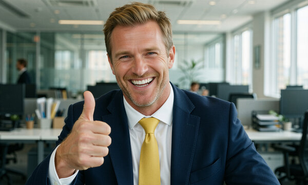 Confident midlife man in office gives thumbs-up with radiant grin.