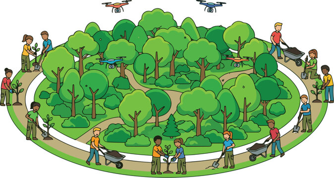 Community-driven reforestation initiative utilizing modern drone technology for sustainable environmental conservation and a greener future, illustrating collective effort